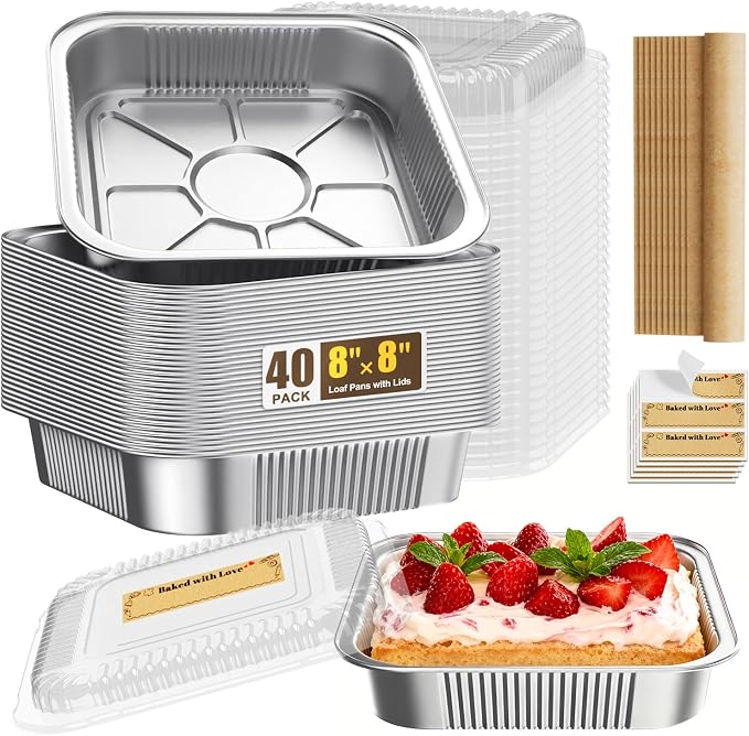 Gyreuni 40 Pack 8x8 Disposable Aluminum Baking Pans with Lids Kit | Heavy-duty aluminum foil pans resist bending and are ideal for baking, storing and transporting food.