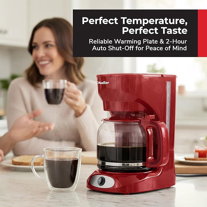 MUELLER HOME 12-Cup Red Coffee Maker | Borosilicate Carafe, Auto-Off, Reusable Filter, Anti-Drip, Keep-Warm Function