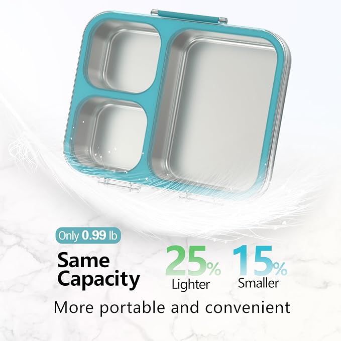 HOMEKOL Stainless Steel Bento Lunch Box 3-Compartment, 4.2Cups, Blue | Leak-Proof Metal Lunch Container for Kids & Adults, BPA-Free, Dishwasher Safe, Clear Tritan Lid, 1000ml (Not Insulated)