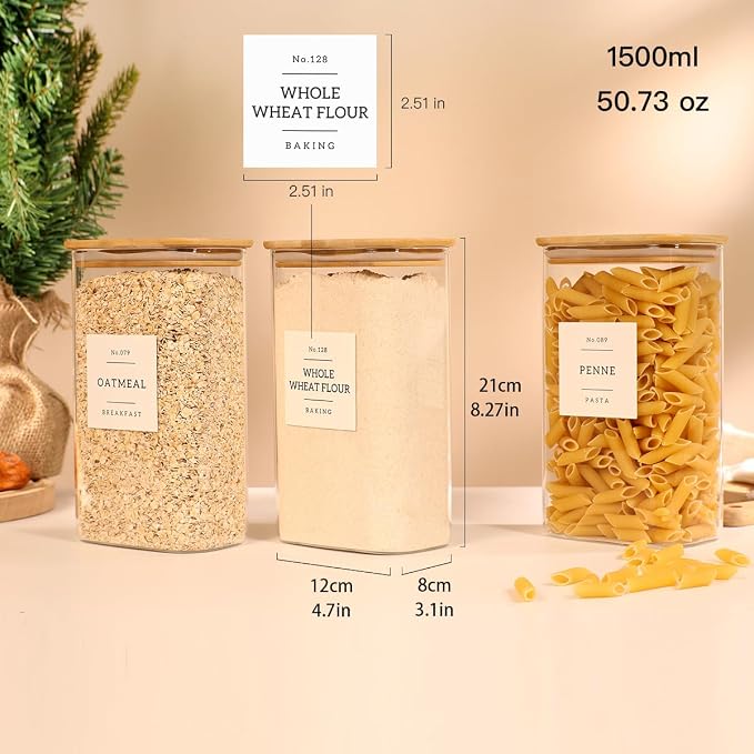 3 Pack Square Glass Pantry Storage Containers with 132 Kitchen Food Pantry Labels - 51 floz Clear Glass Pantry Jars with Airtight Wood Bamboo Lids - Glass Canisters for Candy, Cereal, Coffee, Spice