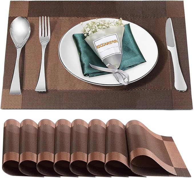 Brown Vinyl Placemats Set of 8,Washable Dining PVC Table Mats | Heat resistant, stain resistant non slip vinyl place mats, washable brown table placemats for dining table