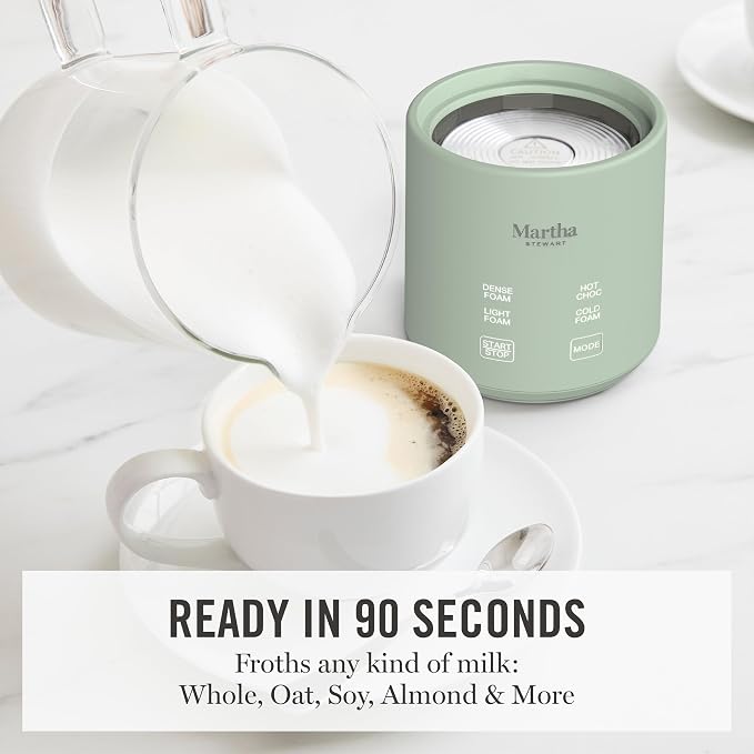 Martha Stewart 10oz Milk Frother & Steamer, 4 Presets, 300ml Glass Pitcher | Light, Dense, Cold Foam & Hot Chocolate, Ready in 90 Seconds, Cordless Pouring, Runs Quiet, Almond, Soy & Oat Milk, Honeydew