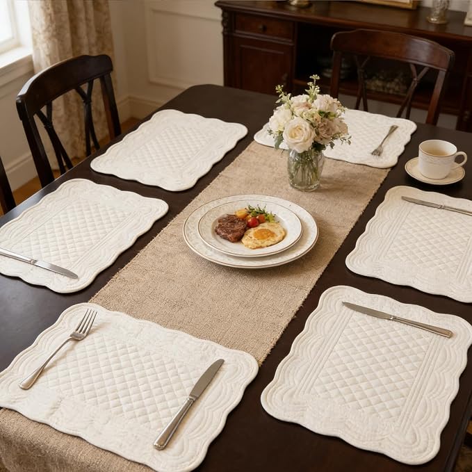Quilted Placemats Set of 4 18"X13" Cotton Placemats Washable Cloth Table Mats for Kitchen Table (Cream White)