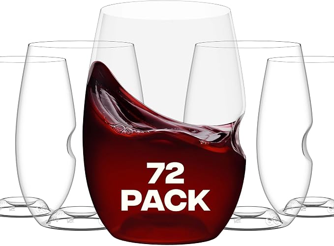 govino Unbreakable Stemless Wine Glass – Set of 72, 16oz, Dishwasher Safe, BPA-free Tritan, Clear Stemless Red Wine Glasses, Shatterproof for Indoor, Outdoor, Everyday Use. Reusable, Made in the USA
