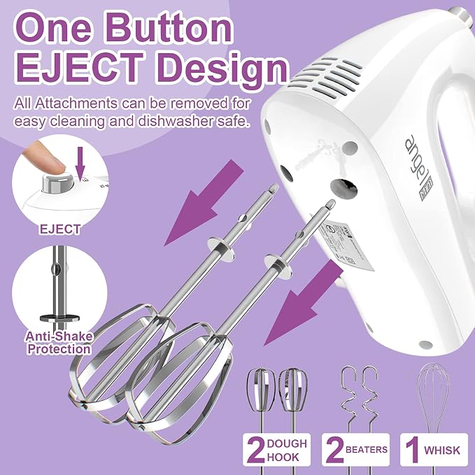 Hand Mixer, 400W Portable Kitchen Handheld Mixer with Eject Button, 5 Speed & 5 Stainless Steel Accessories, Egg Beaters and Whisk for Easy Whipping Cake, Cream, Batters, Cookies