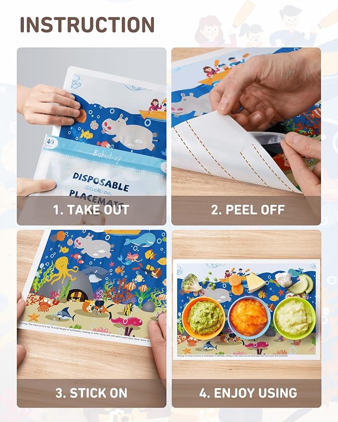Babebay Disposable Stick-on Placemats 40 Pack for Baby & Kids & Toddler, Sticky Placemats Restaurant Table Mats 12" x 18" (Seabed Scuba)