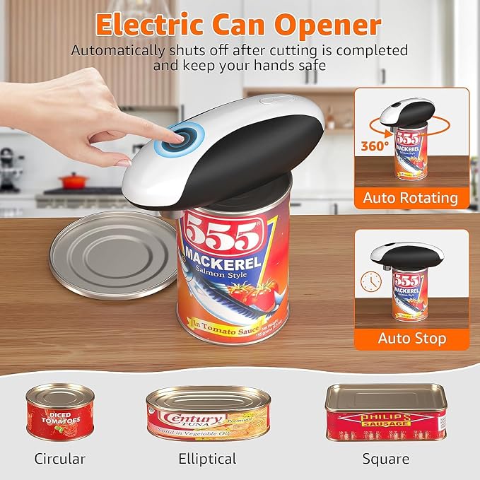 Electric Rechargeable Automatic Can Opener, USB-C Portable Kitchen Tool | One Touch Operation, Smooth Edge Cutting, Ergonomic for Seniors, Fits Standard & Large Cans, Cordless Handheld Design
