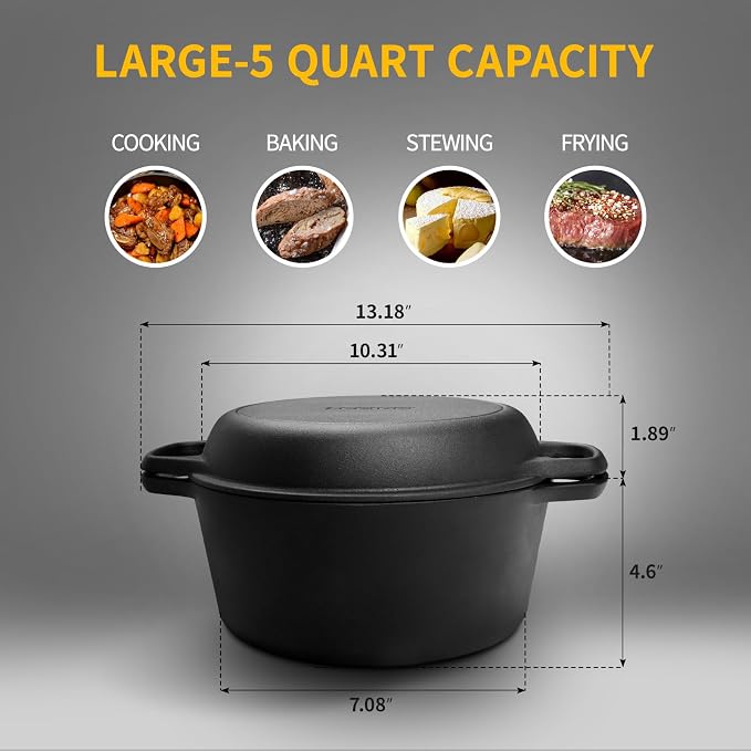 EDGING CASTING 2-in-1 Pre-Seasoned Cast Iron Dutch Oven Pot with Skillet Lid Cooking Pan, Cast Iron Skillet Cookware Pan Set with Dual Handles, Indoor Outdoor for Bread/Frying/Baking/Camping/BBQ, 5 Qt