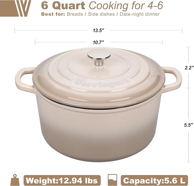 Enameled Cast Iron Dutch Oven Pot with Lid, for Sourdough Bread Baking, Round Dutch Ovens, 6 Quart, Latte