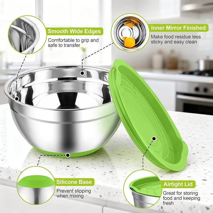TeamFar Mixing Bowls, Stainless Steel Salad Bowls with Lids - Colorful | Nesting Bowls with Non-slip Bottom, for Kitchen Baking Preparing Serving, Stackable & 6PCS - 4.6 /2.6 /2 / 1.5 /1 / 0.7 Qt