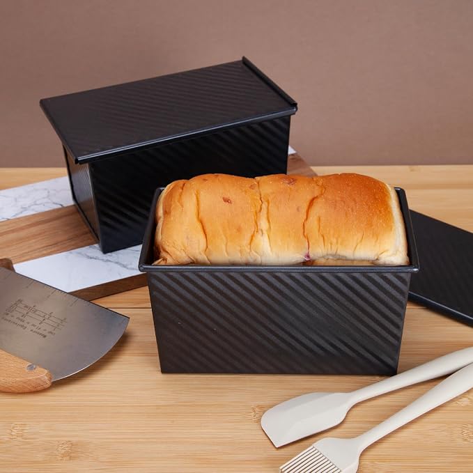 CARTMAN 2-Pack 1 LB Pullman Loaf Pan with Lid, Carbon Steel Set, Black | Includes spatula & brush, 1 lb dough capacity, nonstick carbon steel, bottom vents, ideal for square bread & toast slices
