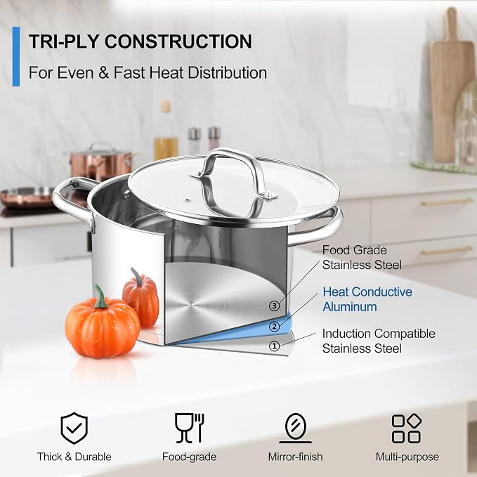 Homikit Stainless Steel Stock Pot 4 Quart, Induction Stockpot with lid for Soup Pasta Sauce Cooking Simmering, Tri-ply Heavy Bottom Compatible with All Stove, Dishwasher Safe
