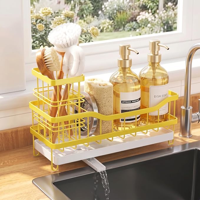 Sink Caddy, Sponge Holder for Kitchen Sink, Yellow | Self-draining Sink Organizer with Removable Brush Holder, Metal Sponge Rack for Countertop, Fits Soap Dispenser & Scrubber
