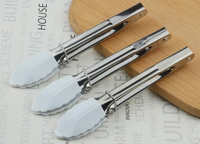 HINMAY 7-Inch Small Serving Tongs with Silicone Tips, Set of 3 (White) | 7-Inch Mini Tongs