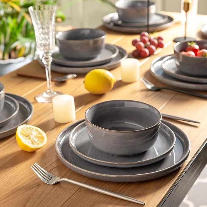 AmorArc Stoneware Dinnerware Sets for 8, 24Pcs Plates and Bowls Sets Dishes | Ceramic Round Reactive Glaze Dishes Set, Highly Scratch Resistant | Dishwasher & Microwave Safe Dishware