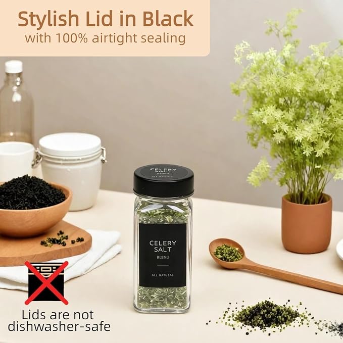 Glass Spice Jars with Label, Seasoning Jars; 26 PCS Black Steel Lids/Airtight Lids Keep Spice Fresh; Pepper Grinder Lid, 360 Labels, Funnel and Brush, Shaker Inserts; 4 oz Jar Set