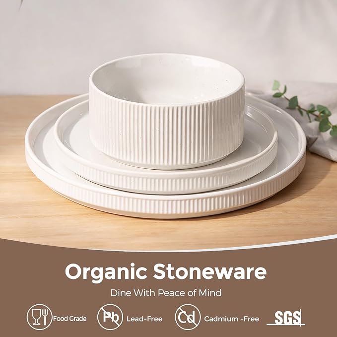 GBHOME Stoneware Dinnerware Sets for 4, 12 Pieces Plates and Bowls Set | Lightweight Ceramic Ribbed Dishes, Reactive Glaze Stackable Plate Set, Scratch Resistant, Microwave & Dishwasher Safe,White