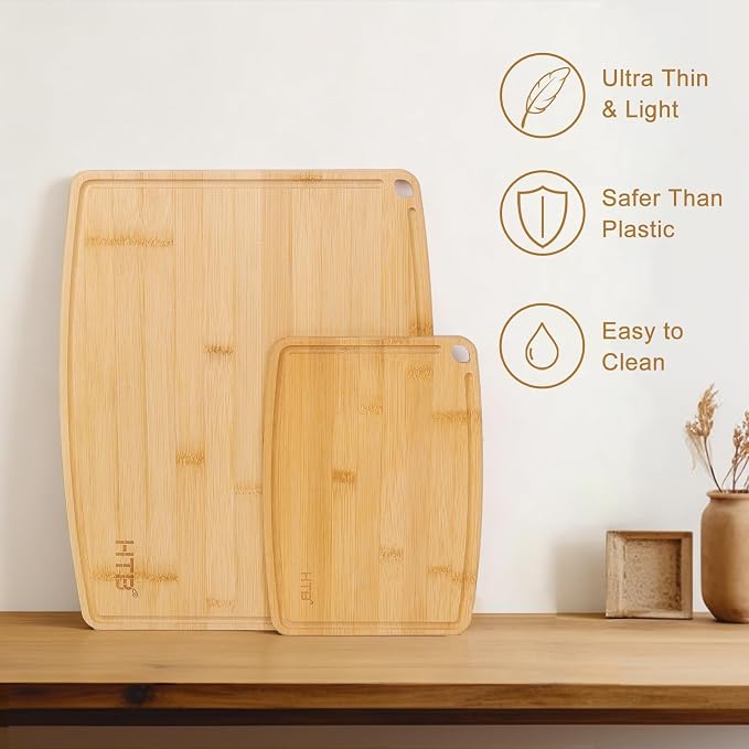 HTB Bamboo Cutting Board for Kitchen Wooden Chopping Board, S+M 1+1PCS | Lightweight, Solid, Small+Large Sets, Bamboo, Sandwich Boards, Serving Boards, Breakfast, Machine wash