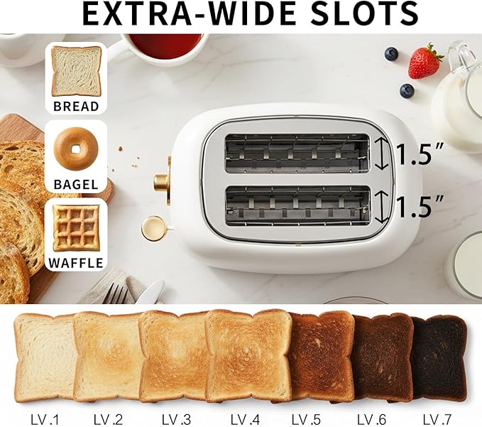Retro 2-Slice Toaster, Stainless Steel, Matte White and Gold | Wide Slots, 7 Bread Shade Settings, Bagel, Cancel, and Defrost Functions, Removable Crumb Tray, Retro Kitchen Appliances
