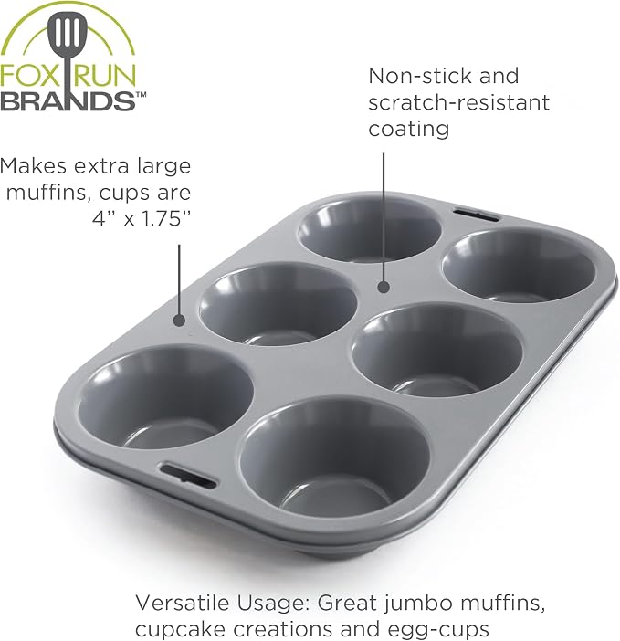 Fox Run Non-Stick Extra Large Muffin & Cupcake Pan, 6 Cup Large Baking Tin | Nonstick For Easy Release & Cleaning | Bake Extra Large Muffins & Cupcakes | Evenly Bakes Cupcakes & Muffins | Baking Gadget