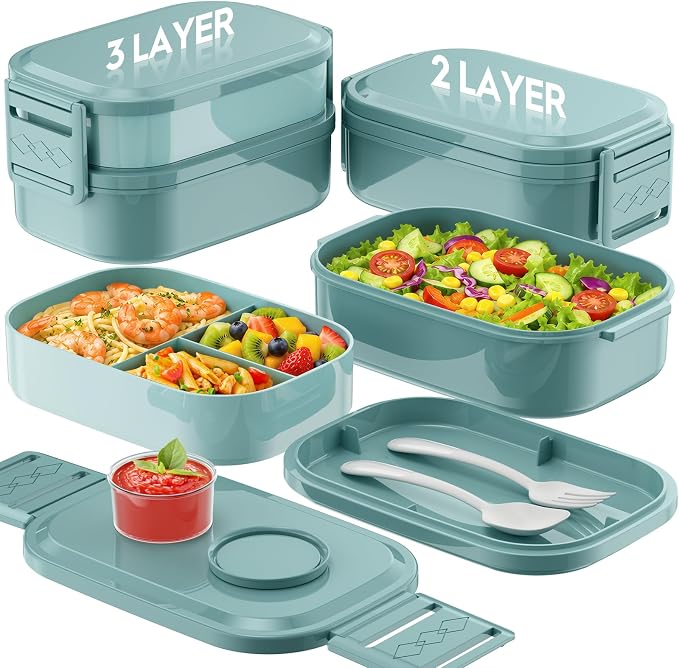 BiuLeon Bento Box Adult Lunch Box, 65 Oz Capacity Lunch Containers(Adjustable 2/3 Tier), BPA-Free, Leak-Proof and Stackable Bento Lunch Box, Microwave & Dishwasher Safe with Utensils(Green)