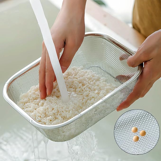 18/8 Stainless Steel Fine Mesh Strainer Basket with Feet, Rectangular Colander for Vegetables, Fruits, Pasta, Noodles – Rustproof, Durable & Easy to Clean (7.48 inch)
