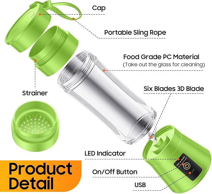 Portable Blender Personal Size Blender Make Smoothies, 12oz Mini Travel Cup | BPA-Free Small Blender with High Blending Speed, 6 Steel Blades, Easy Clean, Freshly Squeezed in Sports/Office/Gym