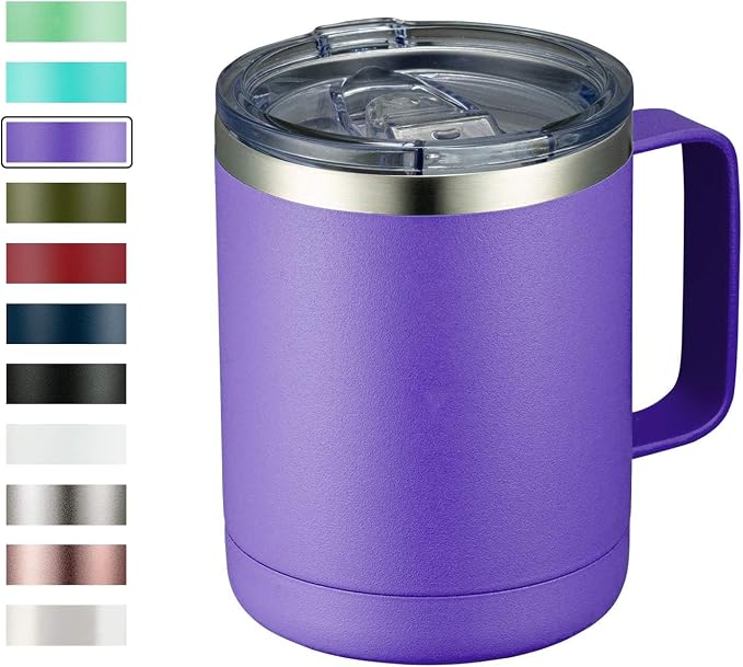 MEWAY 12oz Coffee Mug With Handle and Sliding Lid,Stainless Steel Travel Tumbler Cup with Handle,Double Wall Vacuum Insulated Camping Cup for Hot & Cold Drinks Tea (Purple,Set of 1)