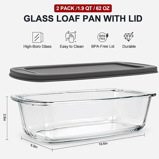 LOVYANXUE 2 Pack Glass Loaf Pan with Lid, 1.9QT/ 62 OZ Bread Pan - Baking Dish with Airtight Lids BPA free - Meatloaf Pans For Homemade Bread, Baking, Cakes, Dessert, Microwave & Oven Safe