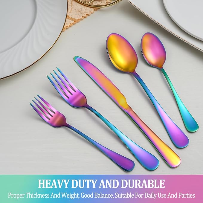 30 Pcs Rainbow Silverware Set Service for 6,Stainless Steel Flatware Serving Sets,Kitchen Tableware Set,Utensil Set for Home and Restaurant,Knives Forks Spoons Set,Mirror Polished,Dishwasher Safe