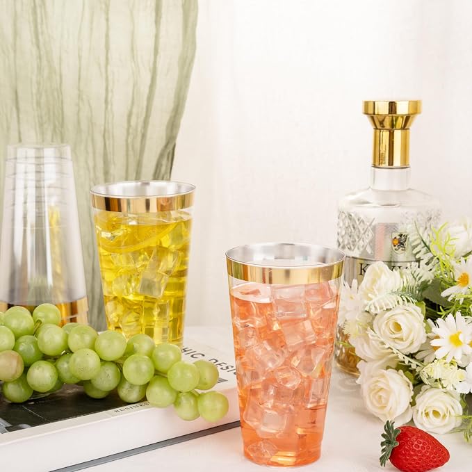 I00000 16 oz Gold Plastic Cups, 100 Pack Clear Plastic Cups Tumblers Gold Rimmed Cup, Heavy-duty Disposable Cup Perfect for Wedding & Party