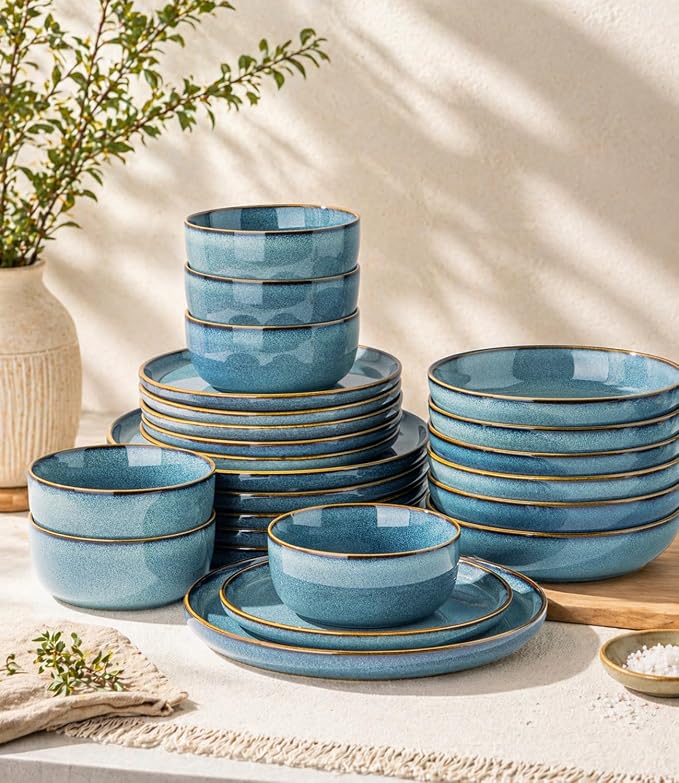 GBHOME Dinnerware Sets for 6, 18 Pieces Ceramic Plates and Bowls Set | Scratch Resistant Stoneware Dishes Set, Dishwasher & Microwave Safe, Reactive Glaze-Space Blue