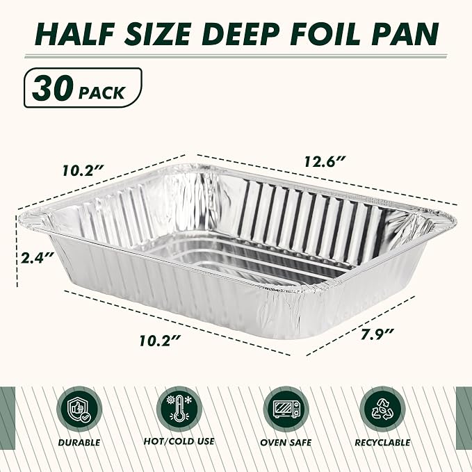 9x13 Aluminum Foil Pans 30 Pack, Disposable Half Size Deep Steam Foil Pans for Cooking, Roasting Turkey, Baking, Meal Prep, Parties & Food Prepping - Thanksgiving, Christmas, Parties, Catering