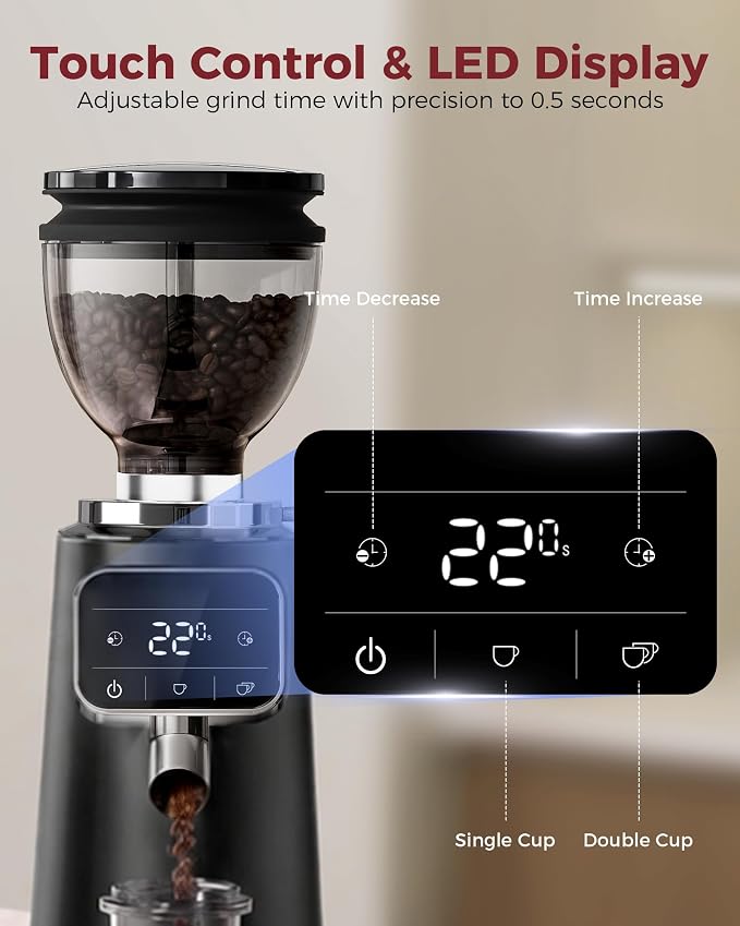 Tuni G3 64mm Flat Burr Coffee Grinder with 100 Grind Settings, Black | Electric Espresso Grinder with Single Dose, Commercial Grade, Anti-Static Tech, Touchscreen Display, Stainless Steel