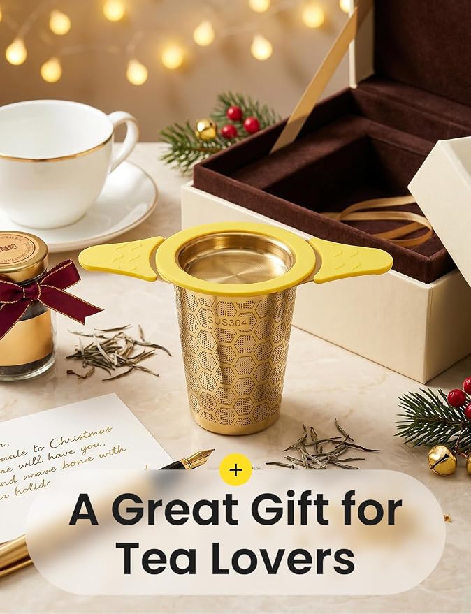 Tea Infuser for Loose Leaf Tea,Stainless Steel Tea Strainer with Silicone Handles,Extra Fine Mesh Tea Strainers for Loose Tea Filter Fine Tea Leaves Effectively,Fits TeaPots/Mugs (Gold)