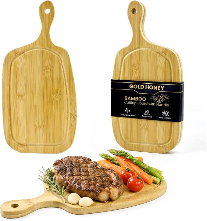 Bamboo Decorative Cutting Board with Handle Set of 2, for Meat | Wood Cutting Board with Handle, for Cheese, Bread, Vegetables, Serving Tray for Kitchen - with Juice Groove - 15.5" × 7.6"