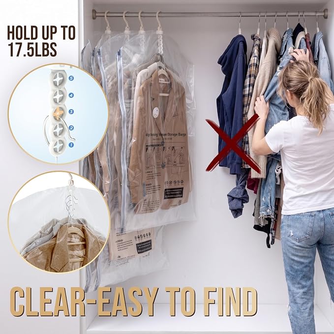 TAILI Hanging Vacuum Storage Bags for Clothes,6 Combo with Pump | Vacuum Seal Bags for Clothing Travel, Electric Pump, Winter Clothes Storage Closet Organizers, Coats, Suits and Jackets