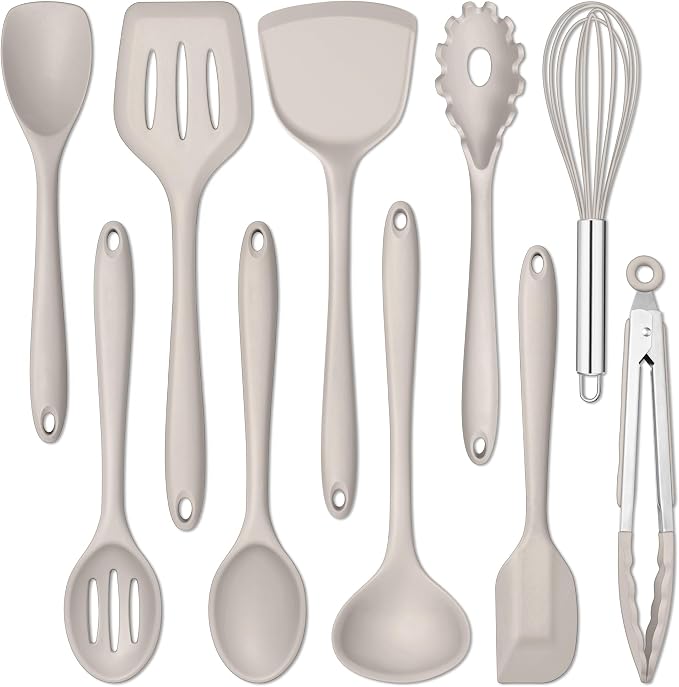 E-far 10 Pieces Silicone Cooking Utensils Set, Heat Resistant Kitchen Utensil Set for Nonstick Cookware, Kitchen Cooking Tools with Spatula, Spoon, Slotted Turner, Non-Toxic & Dishwasher Safe (Khaki)
