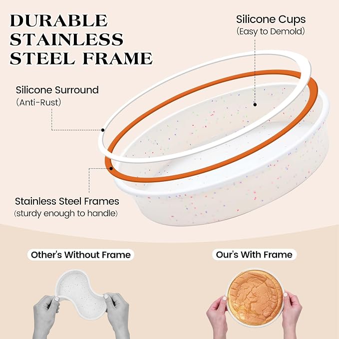 Silicone Round Cake Pans, 6 8 10 inch, Set of 3, Cream | Metal Reinforced Frame, Nonstick Layer Cake Molds for Baking, BPA Free