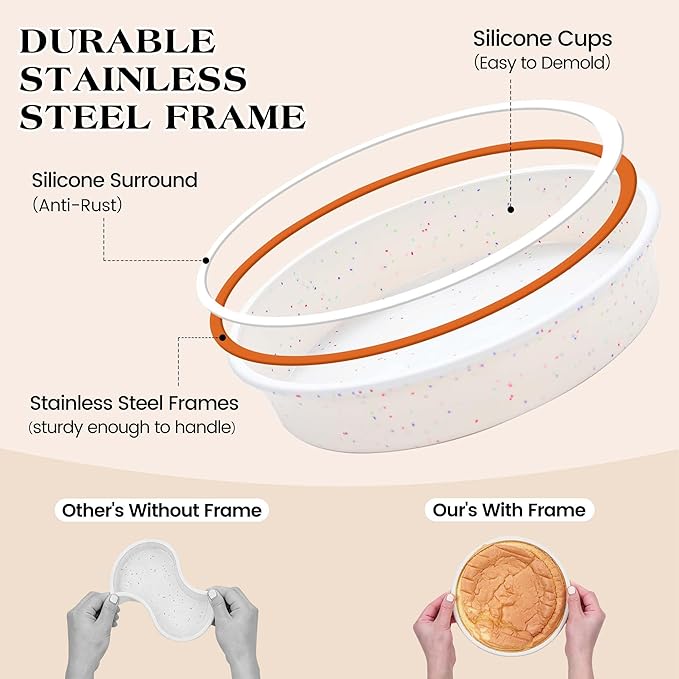 10 inch Silicone Round Cake Pans, Set of 3, Cream | Metal Reinforced Frame, Nonstick Cake Molds for Baking, BPA Free