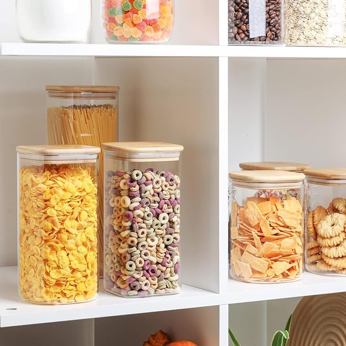 ComSaf Square Glass Containers With Lids 1.2 Qt, Set of 4 Pantry Galss Jars | Kitchen Glass Pantry Storage Containers, Storage Canisters, Silicone Seal, Dry Food, Cookie, Flour, Spice, Coffee, BPA Free