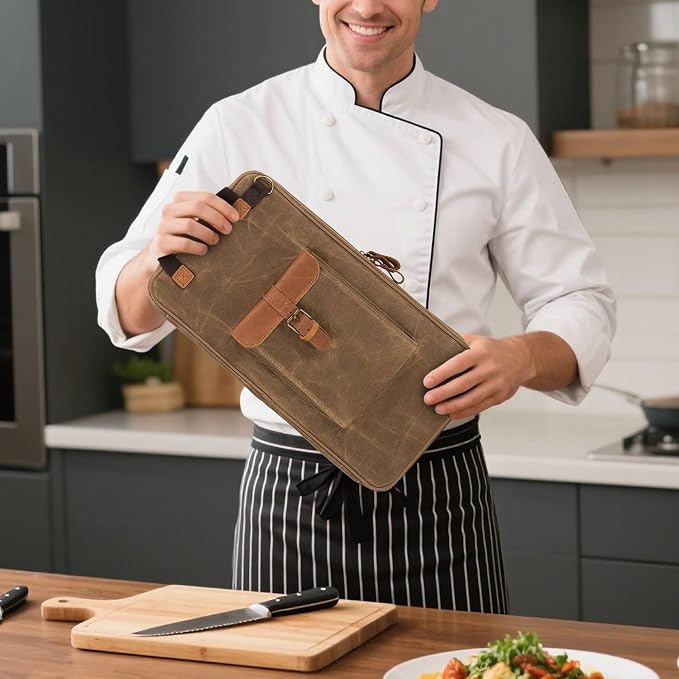 Damero Chef Knife Bag, Waxed Canvas Chef Bag with 11 Slots & 2 Mesh Pockets | Chef Storage Bag Knife Carrier Travel Knife Bag with Top Handles, Detachable Shoulder Strap for Kitchen Tools & Chef Utensils