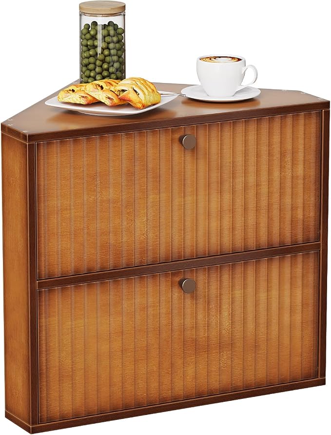 Trironsun Corner Bread Box for Kitchen Countertop Bamboo Two Layer Large Capacity Bread Storage Bin Vintage Storage for Homemade Bread (Brown)