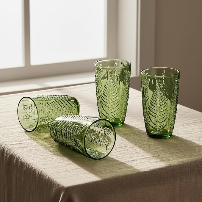 Green Drinking Glasses Set of 8, 16 oz Glass Cups, Vintage Fern Glassware | Hand-Pressed, Dishwasher Safe, Boho Leaf-Textured Drinkware, Colored Embossed Highball Tumblers for Water, Retro Kitchen Gift