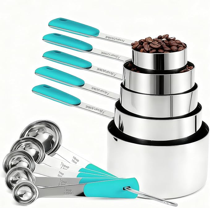 Bopei Measuring Cups and Spoons Set Stainless Steel 10 Piece for Cooking and Baking (5 Cups + 5 Spoons, Aqua Sky Handle)