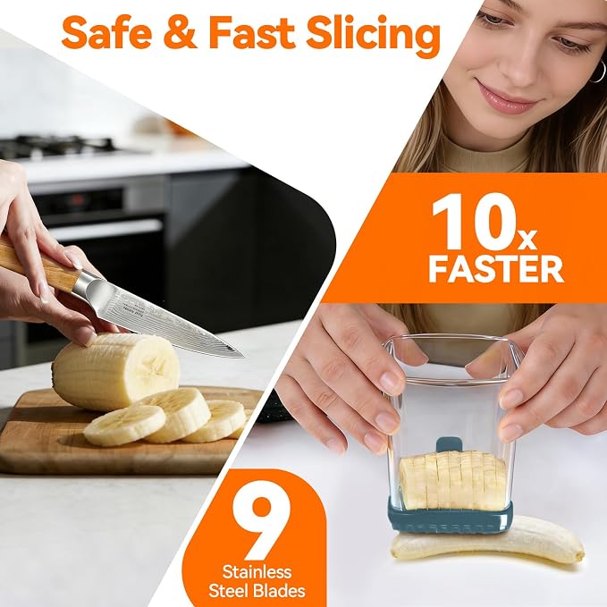 Fruit Slicer Cup for Strawberry, Banana, Hard-Boiled Egg - Detachable Cutter with Push Plate - Rapid & Safe Slicing Kitchen Gadget for Quick Meal Prep, Blackish green
