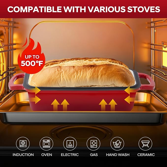 Cast Iron Loaf Pan with Lid 10x5 Inch Enameled Bread Loaf Pan for Sourdough, 2 Piece Set, Red