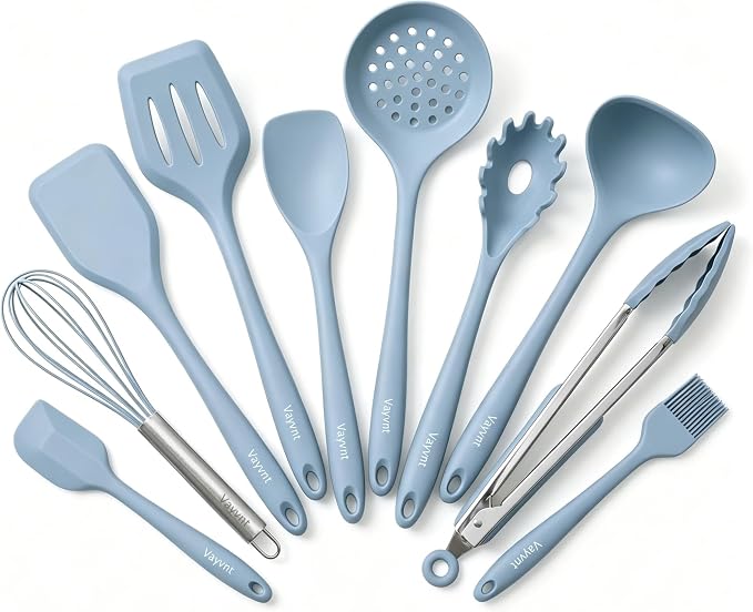 Vayvnt Silicone Cooking Utensil Set, 10PCS Utensils for Non Stick Pan, Blue | Heat Resistant 480℉, One-piece Design, Food Grade, Non Toxic Silicone Kitchen Utensils, Easy Cleaning, Dishwasher Safe