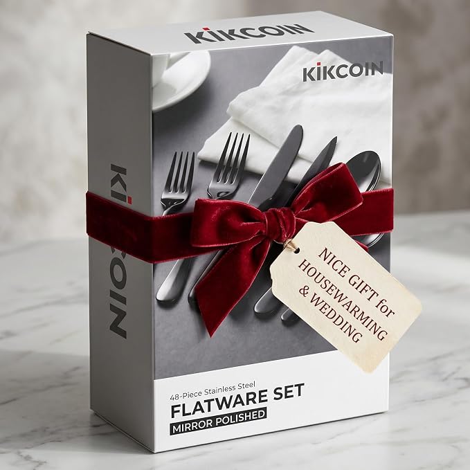 48 PCS NO-FADING Black Silverware Set with Steak Knives - KIKCOIN Food-Grade Stainless Steel Flatware Set for 8 - Mirror Polished Cutlery Set, Titanium Black Finish, Rust Resistant & Dishwasher Safe