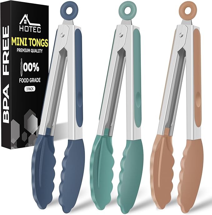 Hotec Mini Silicone Kitchen Tongs for Cooking - 7-Inch Small Serving Tongs with Silicone Tips, Set of 3 (Neutral)